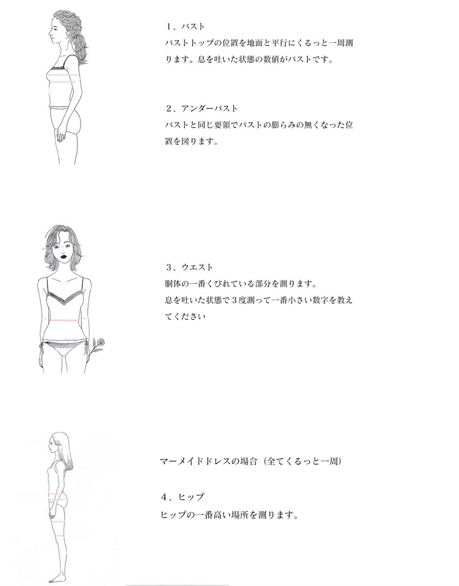 採寸箇所の図解。バスト、アンダーバスト、ウエスト、ヒップの測り方